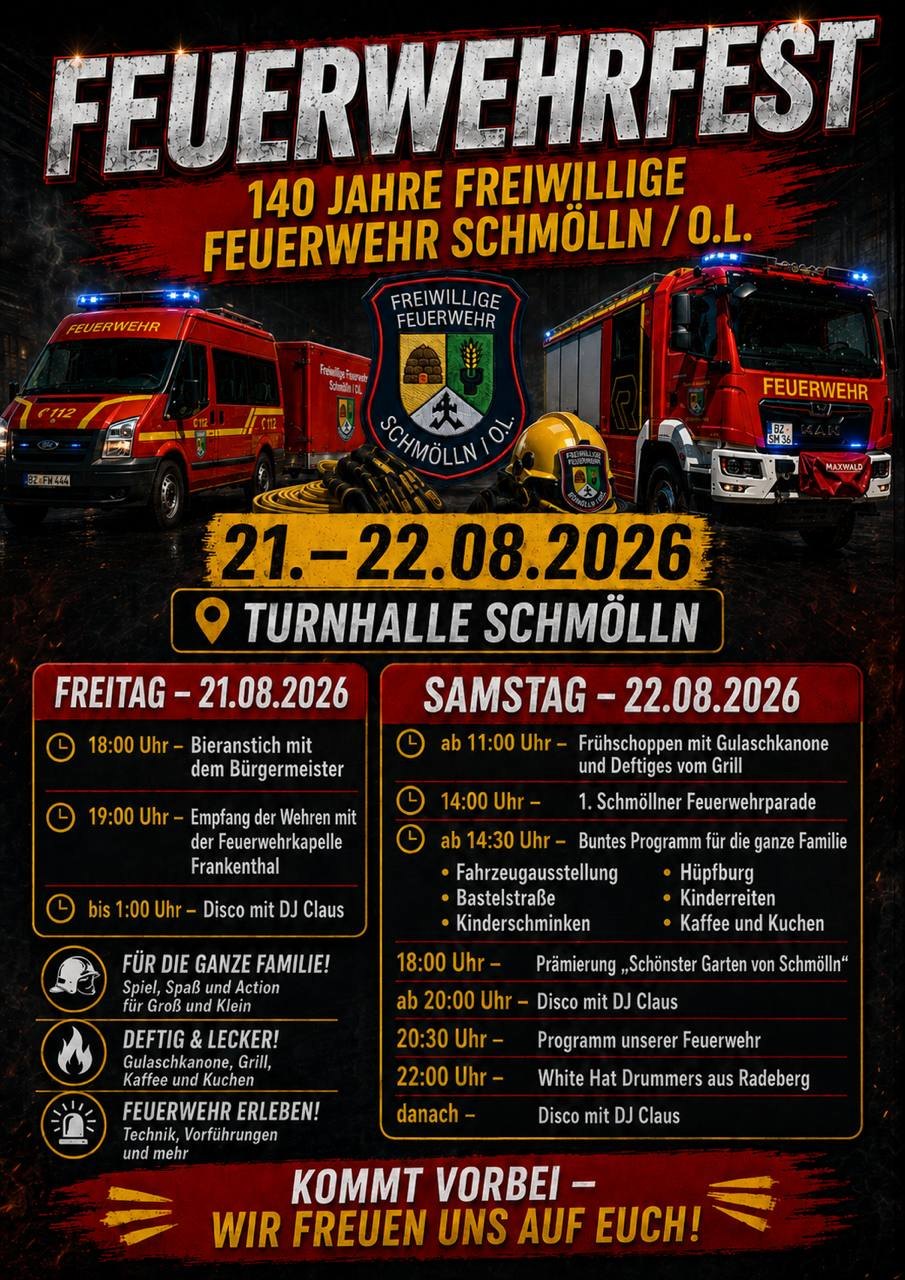 Programmplakat Feuerwehrfest 140 Jahre Freiwillige Feuerwehr Schmölln/O.L. am 21. und 22. August 2026 an der Turnhalle Schmölln.