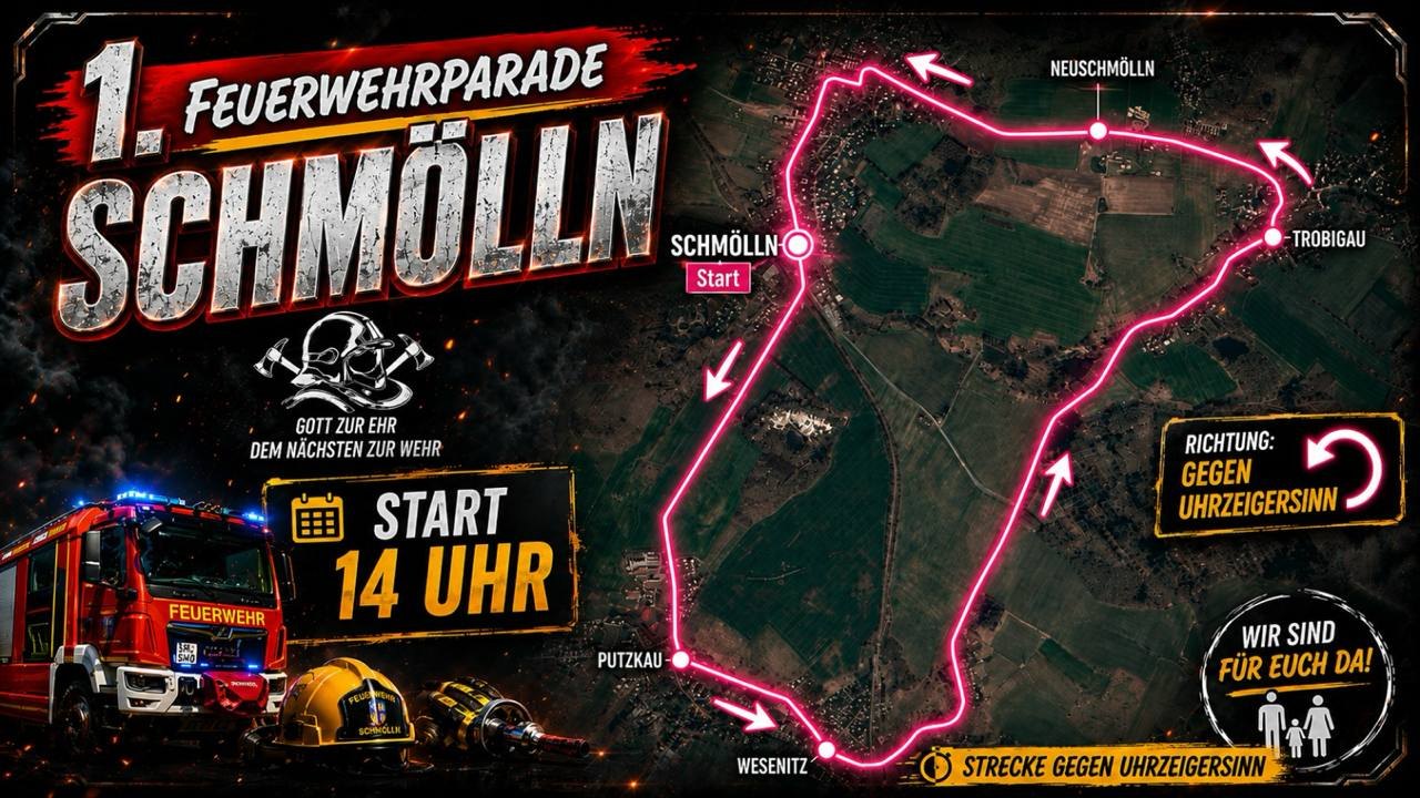 Streckenplan der 1. Feuerwehrparade Schmölln mit Start in Schmölln, Route über Putzkau, Wesenitz, Neuschmölln und Tröbigau sowie Hinweis Start 14 Uhr.